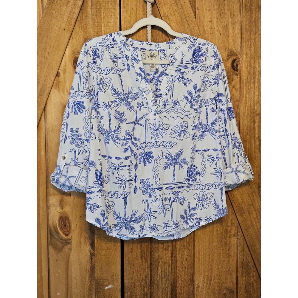 St John's Bay Linen Blend Popover Top M White Blue Tropical Print Blouse 747